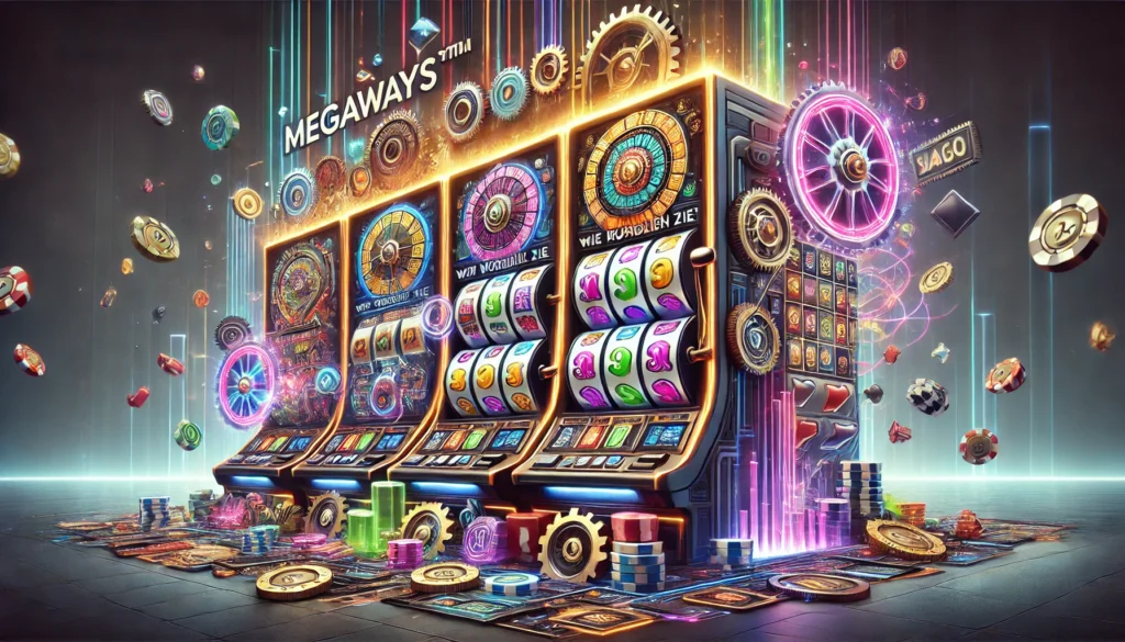 DALLE 20250327 122353 A visually engaging 169 banner image for a blog post titled Megaways™ Slots erklärt Wie funktionieren sie Megaways™ Slots explained How do they CasinoWikiReview