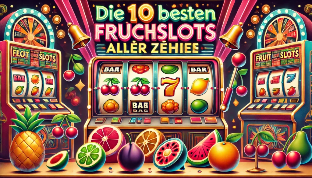 DALLE 20250327 122451 A colorful and retrostyle 169 banner image for a blog post titled Die 10 besten Früchteslots aller Zeiten The 10 best fruit slots of all time T CasinoWikiReview