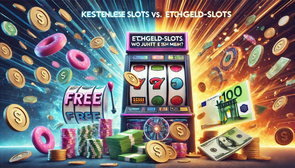DALLE 20250327 122702 A bold and engaging 169 banner image for a blog post titled Kostenlose Slots vs EchtgeldSlots Wo lohnt es sich mehr Free slots vs real money CasinoWikiReview