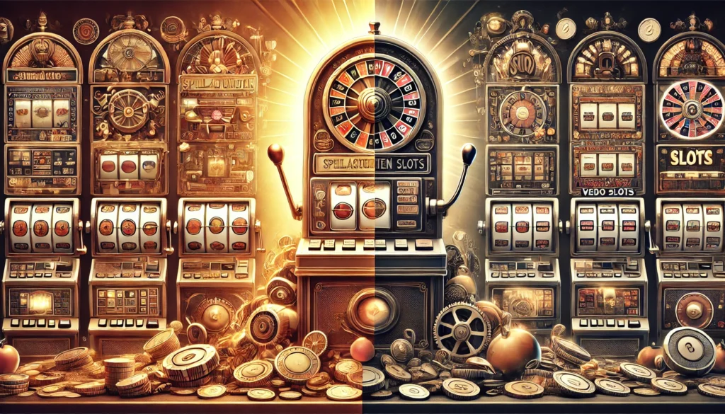 DALLE 20250327 123942 A visually striking 169 banner image for a blog post titled Von klassischen Spielautomaten zu modernen Video Slots Die Evolution From classic sl CasinoWikiReview