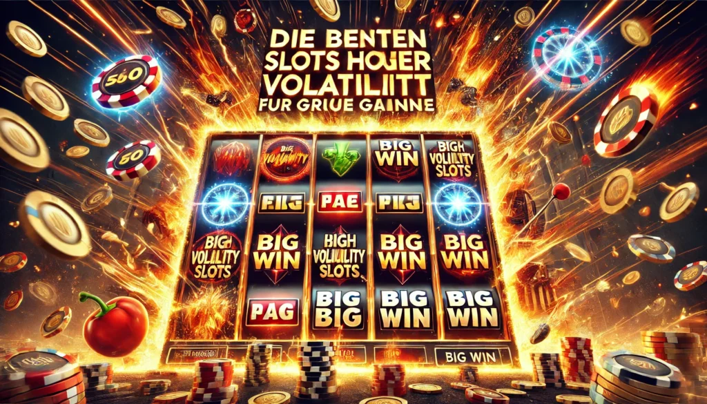 DALLE 20250327 124053 A bold and highenergy 169 banner image for a blog post titled Die besten Slots mit hoher Volatilität für große Gewinne The best high volatility s CasinoWikiReview