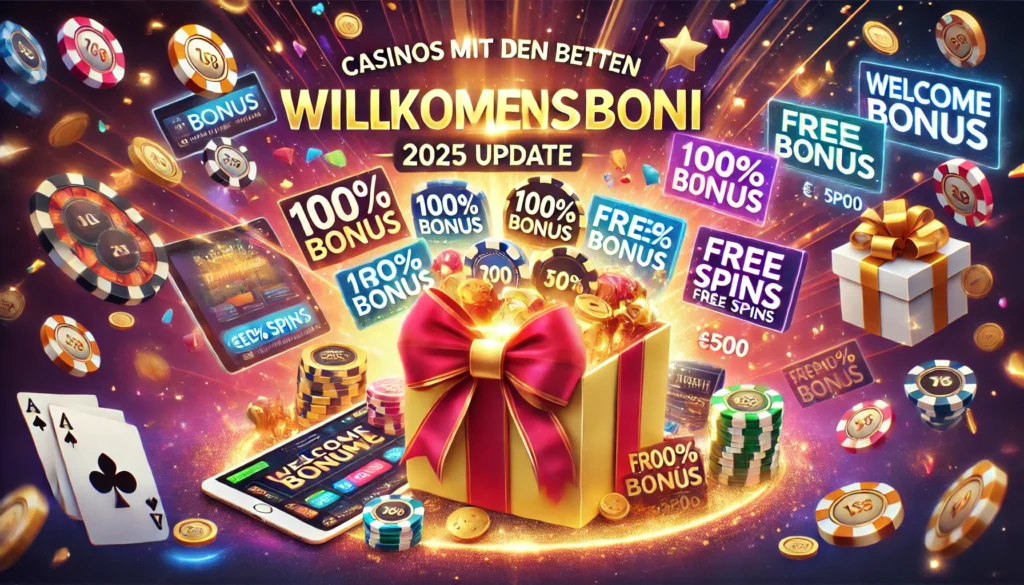 DALLE 20250327 131207 A vibrant and appealing 169 banner image for a blog post titled Casinos mit den besten Willkommensboni 2025 Update Casinos with the best welcome CasinoWikiReview