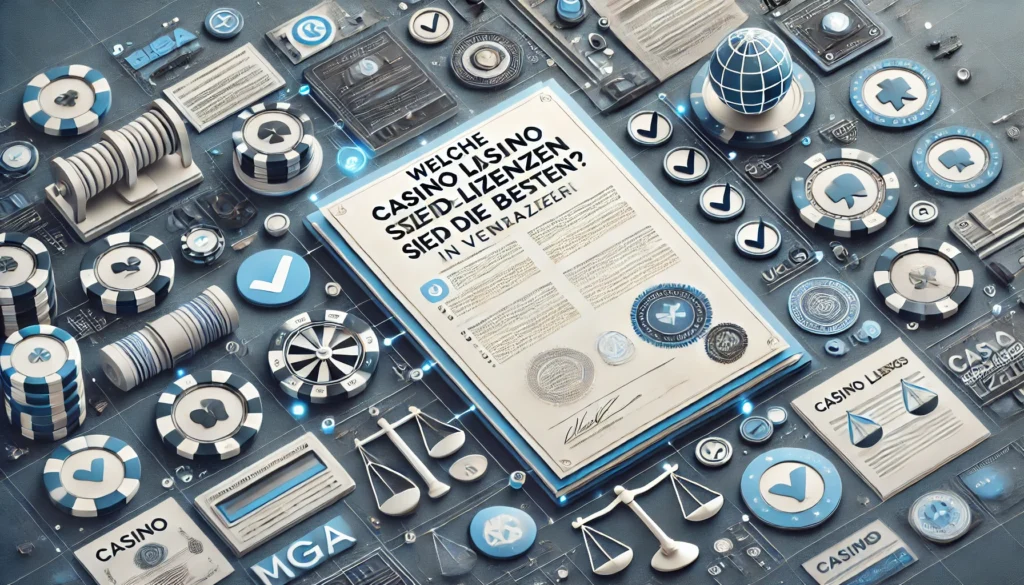 DALLE 20250327 132451 A professional and informative 169 banner image for a blog post titled Welche CasinoLizenzen sind die besten Ein Vergleich Which casino licenses CasinoWikiReview