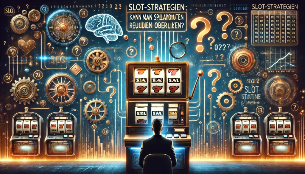 DALLE 20250327 140759 A visually intriguing and thoughtprovoking 169 banner image for a blog post titled SlotStrategien Kann man Spielautomaten wirklich überlisten CasinoWikiReview