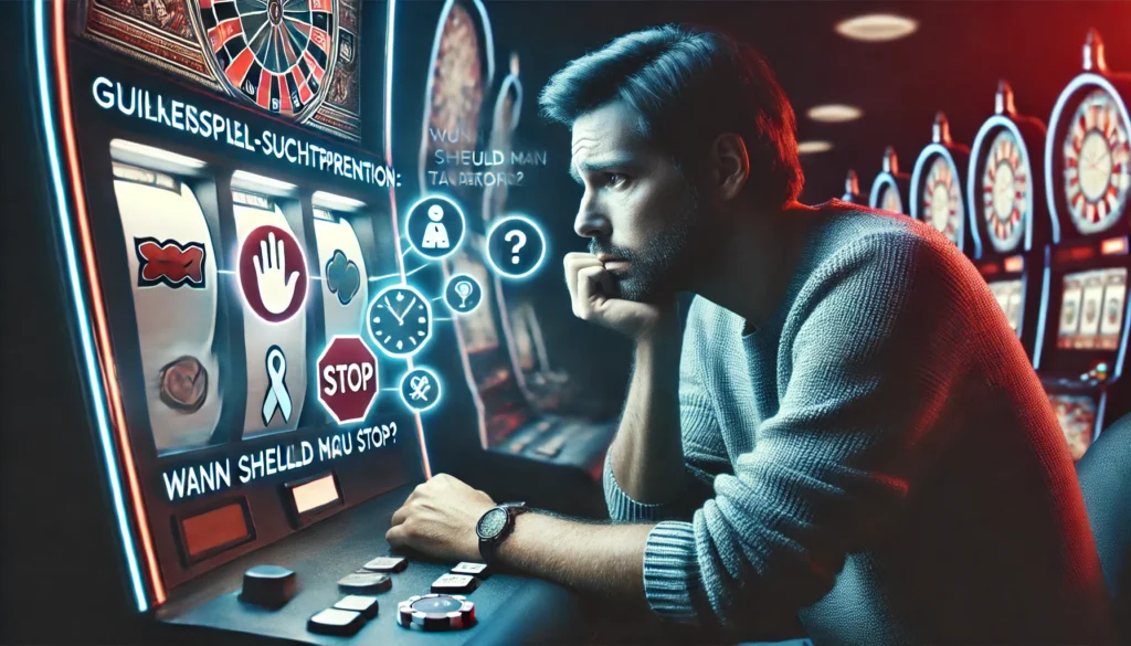 DALLE 20250327 141103 A serious and empathetic 169 banner image for a blog post titled GlücksspielSuchtprävention Wann sollte man aufhören Gambling addiction prevent CasinoWikiReview