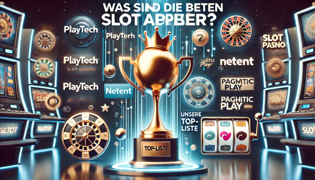 DALLE 20250323 132237 A bold and engaging 169 thumbnail for a blog post titled Was sind die besten Slot Anbieter The background features a sleek digital casino theme w CasinoWikiReview